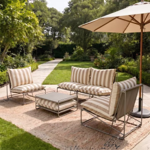 Salon de jardin Andria 4 places rayures taupe et beige avec table basse