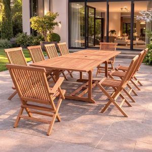 Salon de jardin Kajang teck 12 places - table rectangulaire 8 chaises 2 fauteuils